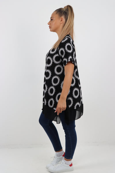 Italian Printed  Hanky Hem Side Slit Round Neck Tunic Top