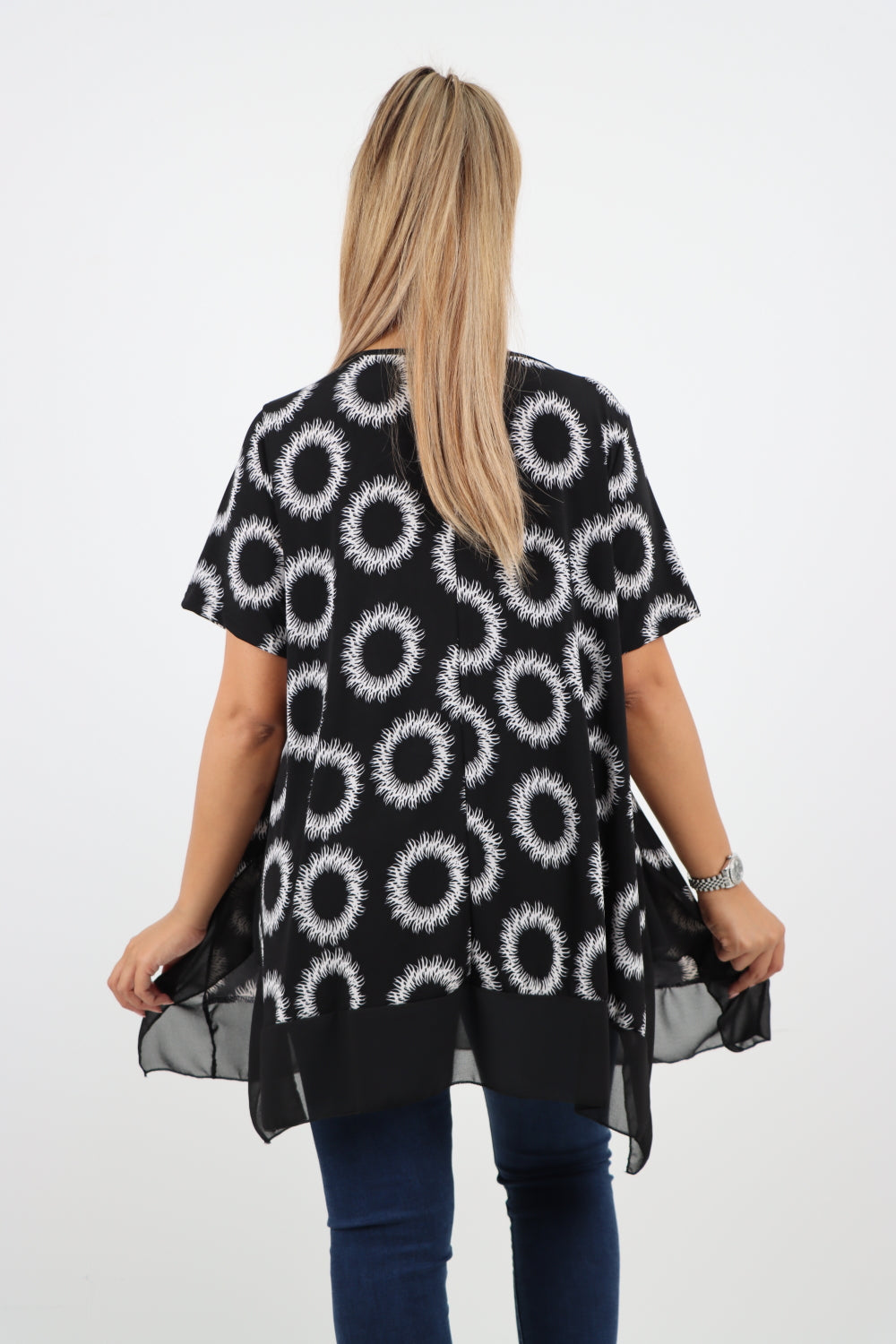 Italian Printed  Hanky Hem Side Slit Round Neck Tunic Top