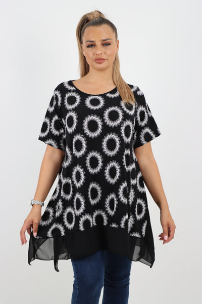 Italian Printed  Hanky Hem Side Slit Round Neck Tunic Top