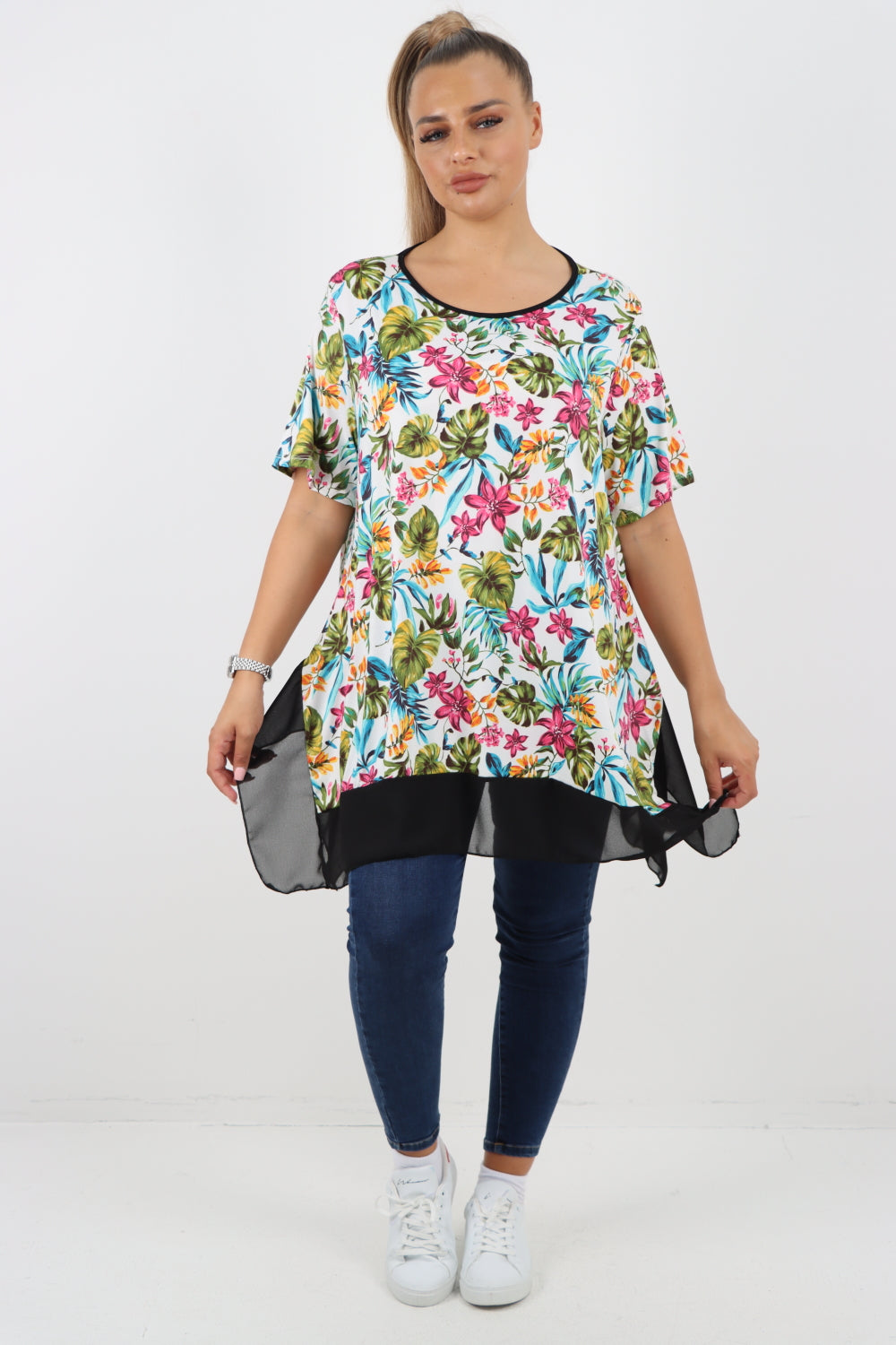 Italian Printed  Hanky Hem Side Slit Round Neck Tunic Top