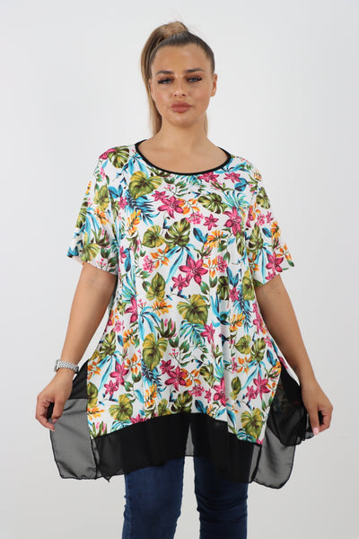 Italian Printed  Hanky Hem Side Slit Round Neck Tunic Top