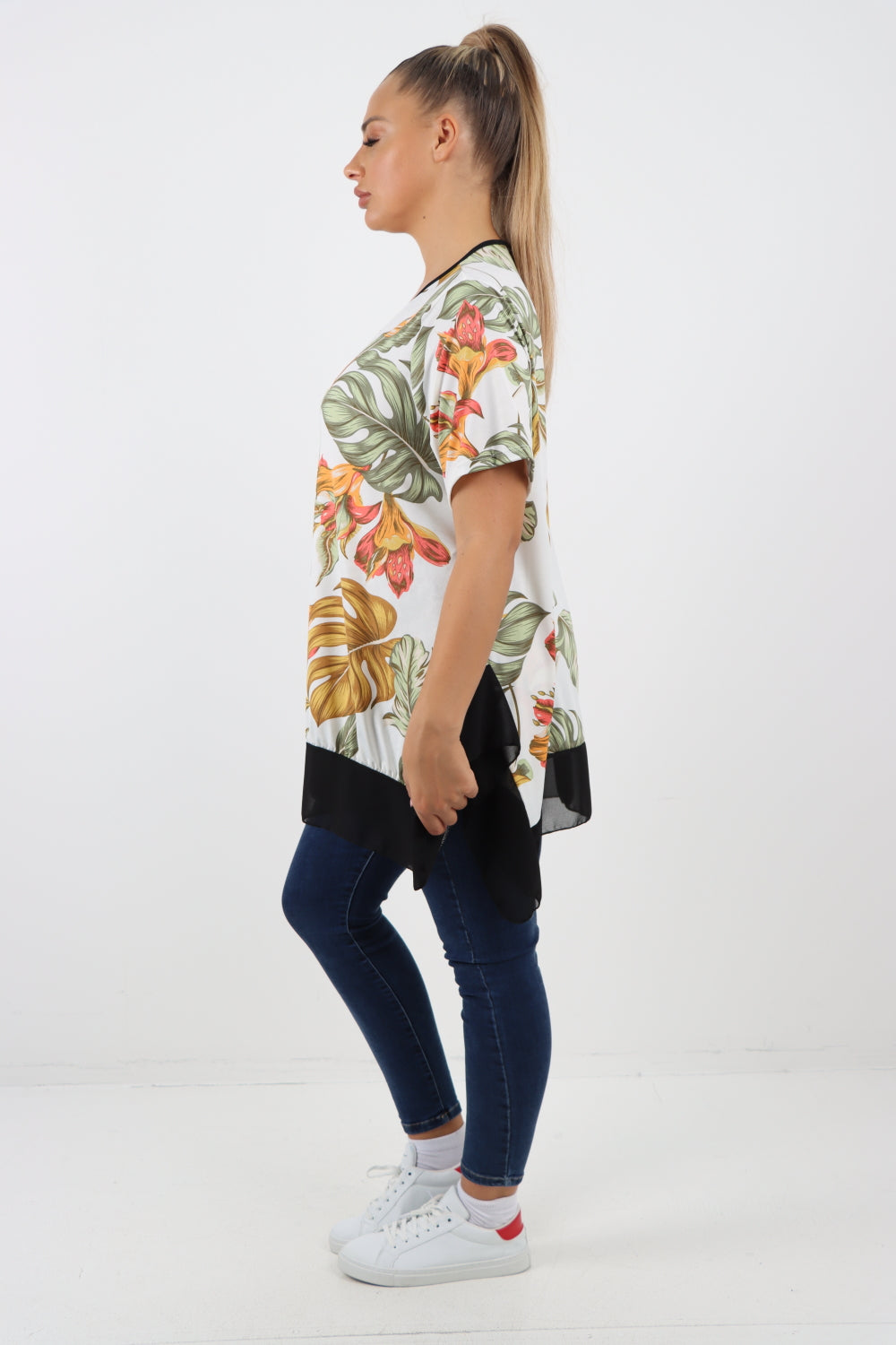 Italian Printed  Hanky Hem Side Slit Round Neck Tunic Top