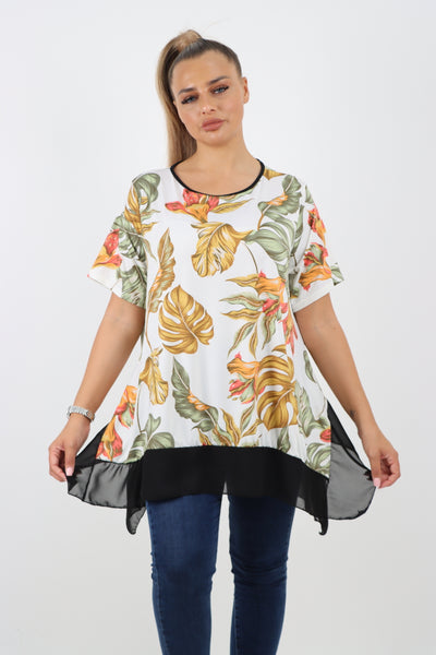 Italian Printed  Hanky Hem Side Slit Round Neck Tunic Top