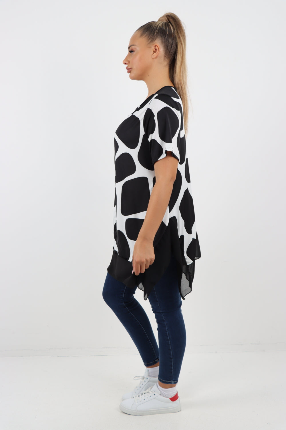 Italian Printed  Hanky Hem Side Slit Round Neck Tunic Top