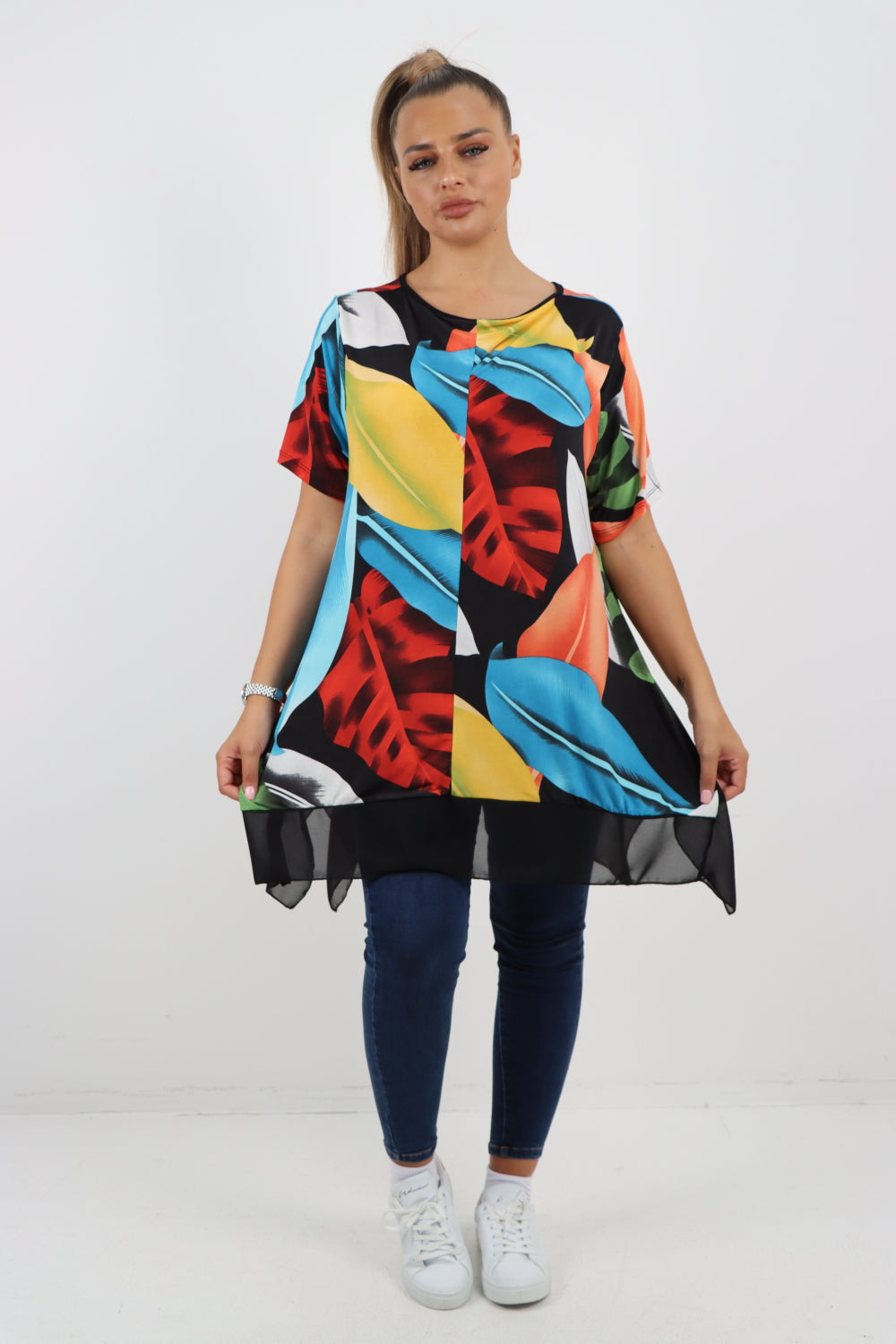 Italian Printed  Hanky Hem Side Slit Round Neck Tunic Top