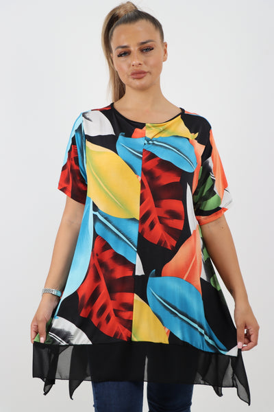 Italian Printed  Hanky Hem Side Slit Round Neck Tunic Top