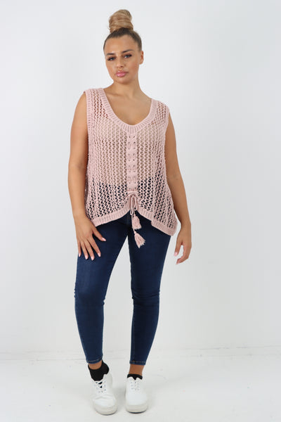 Italian Crochet Drawstring Pull Tie Vest Top