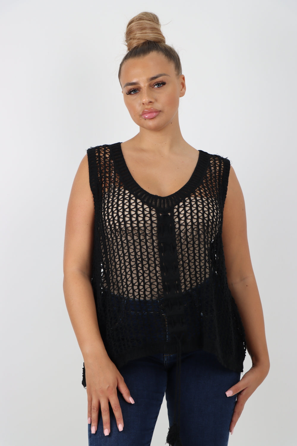 Italian Crochet Drawstring Pull Tie Vest Top