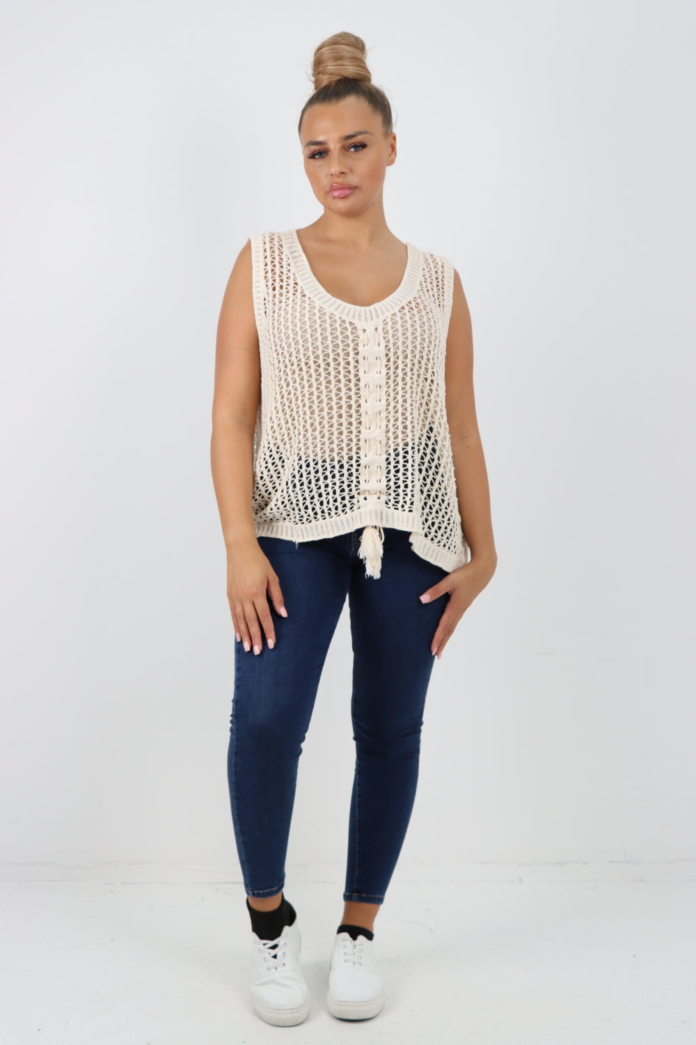 Italian Crochet Drawstring Pull Tie Vest Top