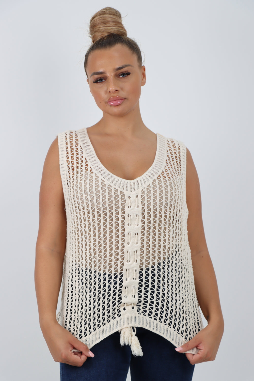 Italian Crochet Drawstring Pull Tie Vest Top