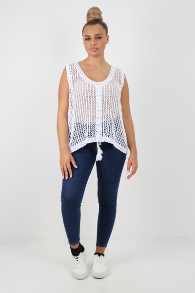 Italian Crochet Drawstring Pull Tie Vest Top