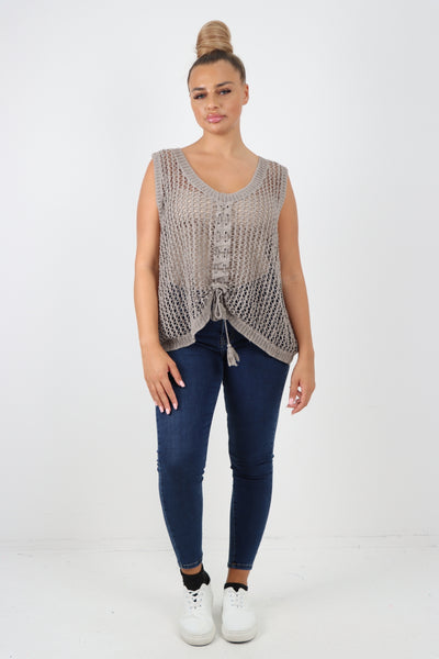 Italian Crochet Drawstring Pull Tie Vest Top