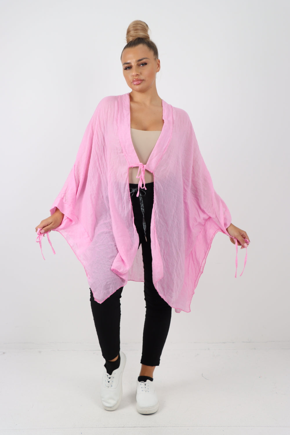 Italian Oversized Cotton Coverup Tie Front Kimono Top