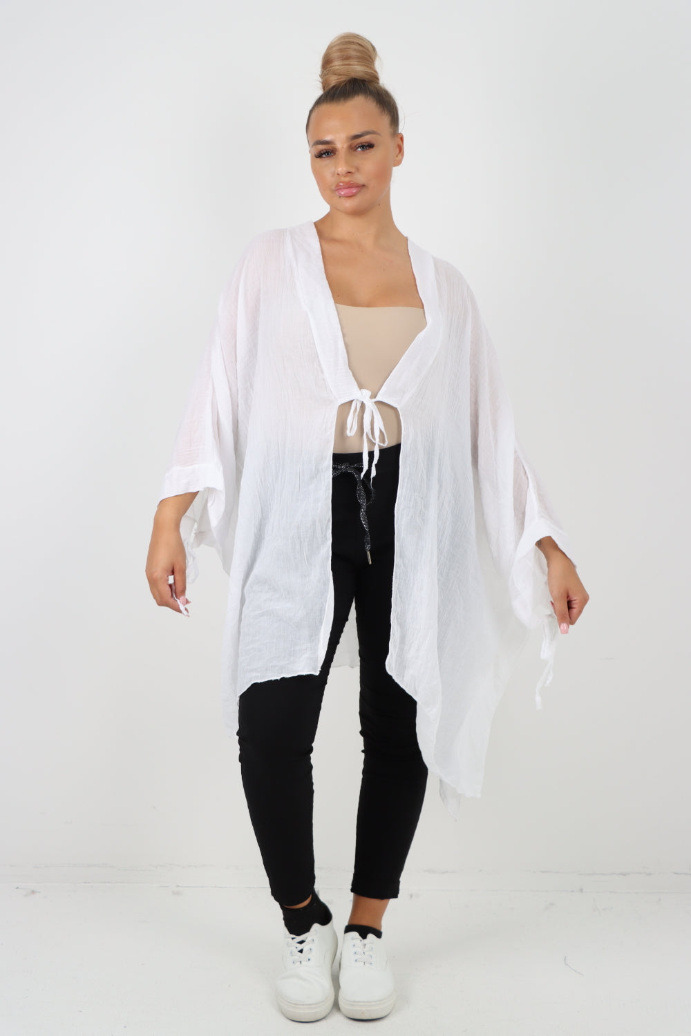 Italian Oversized Cotton Coverup Tie Front Kimono Top