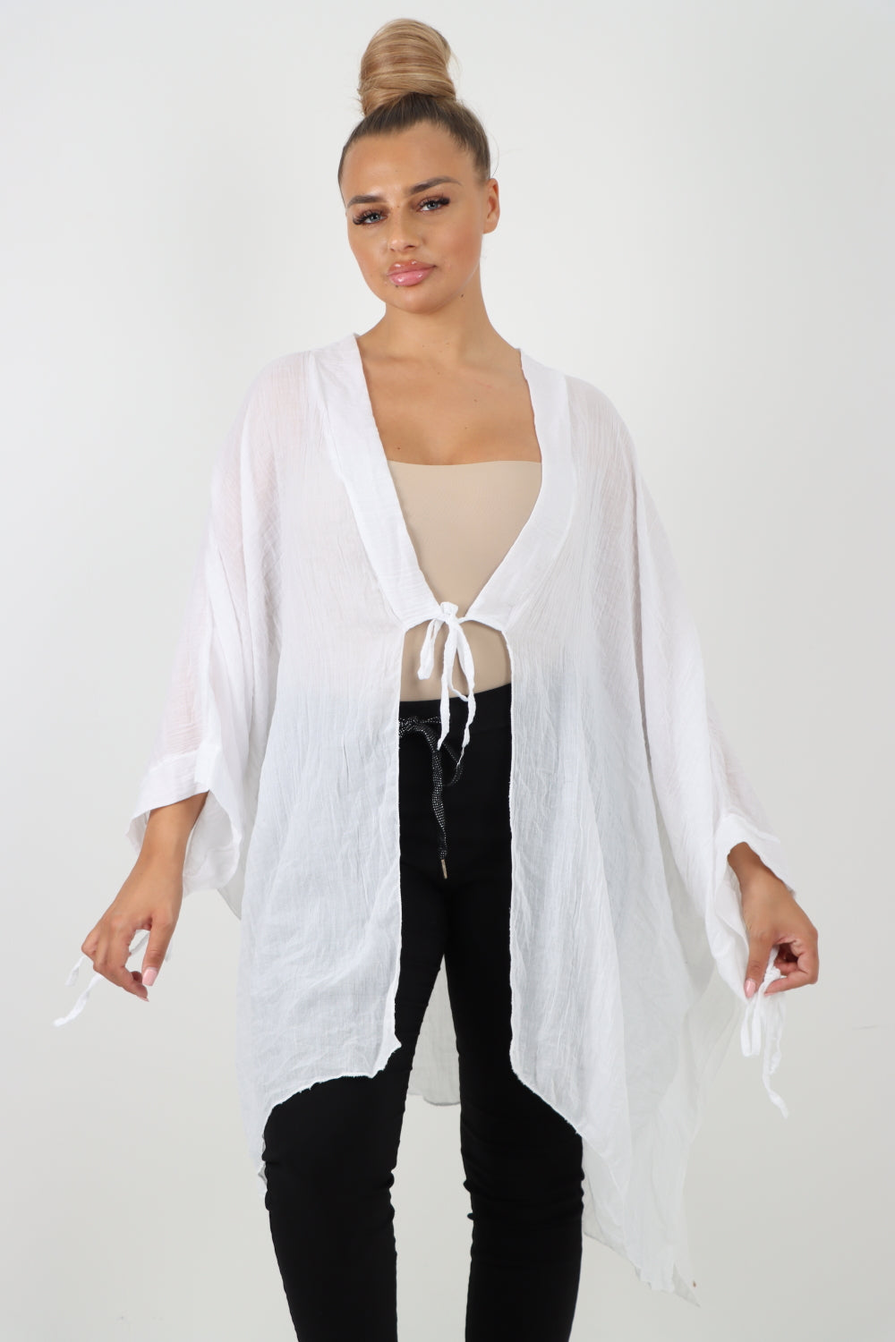 Italian Oversized Cotton Coverup Tie Front Kimono Top