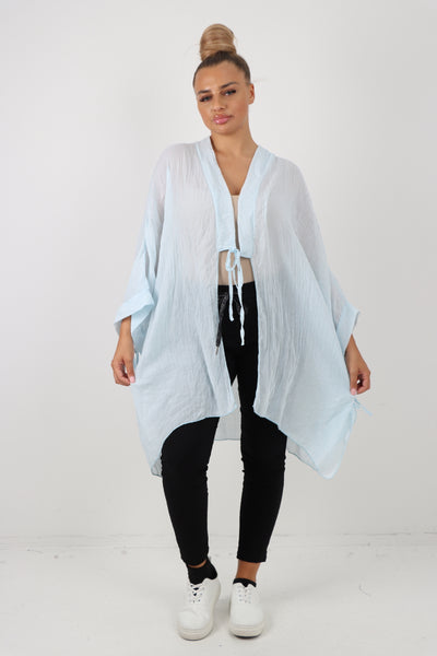 Italian Oversized Cotton Coverup Tie Front Kimono Top