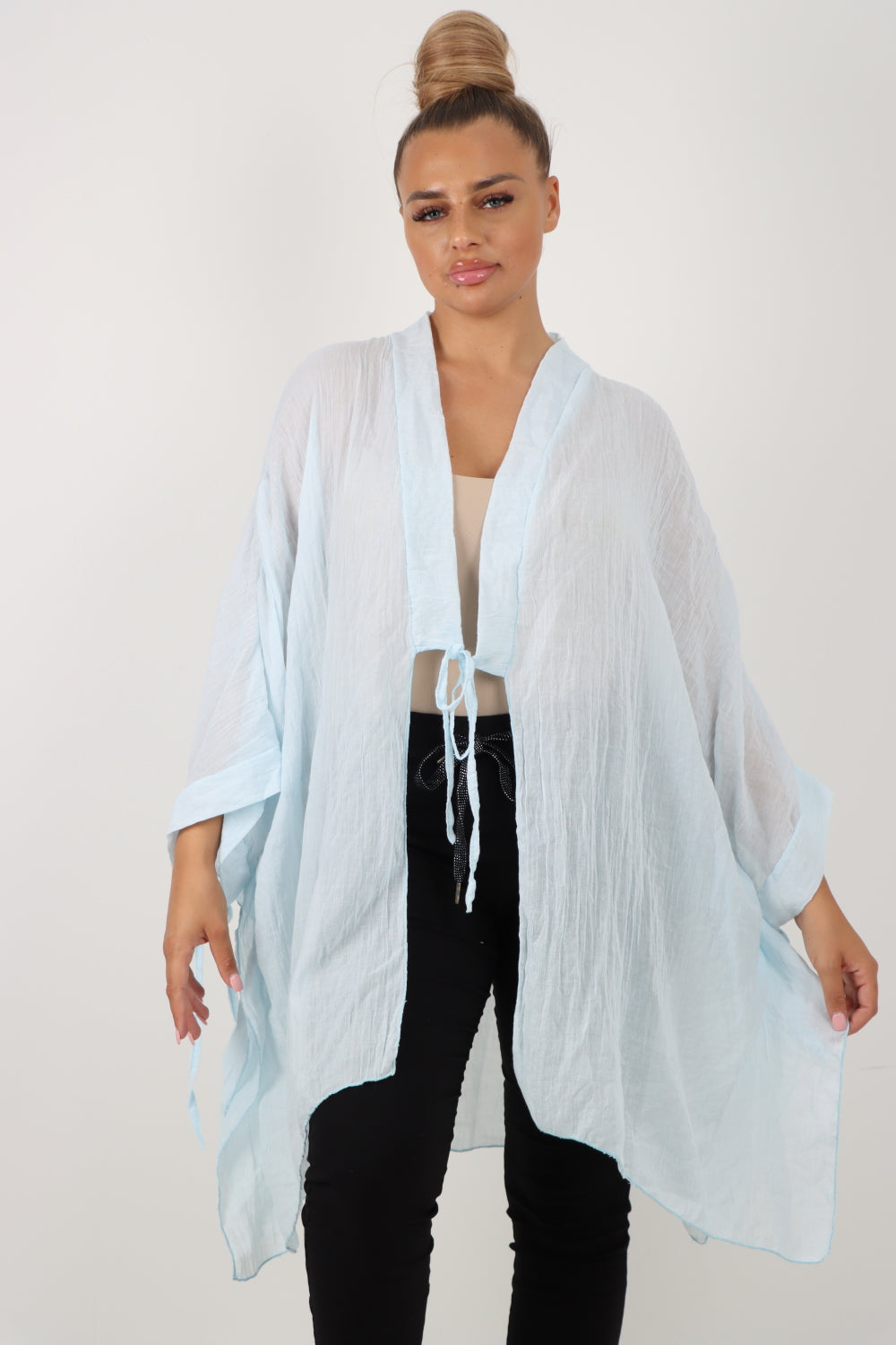 Italian Oversized Cotton Coverup Tie Front Kimono Top