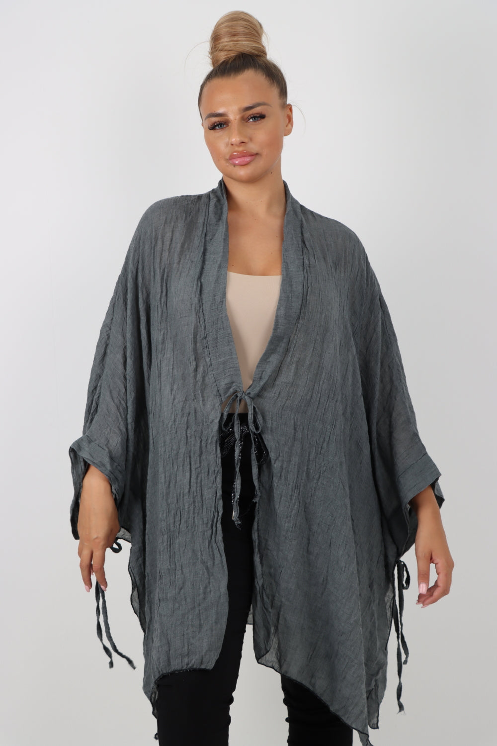 Italian Oversized Cotton Coverup Tie Front Kimono Top