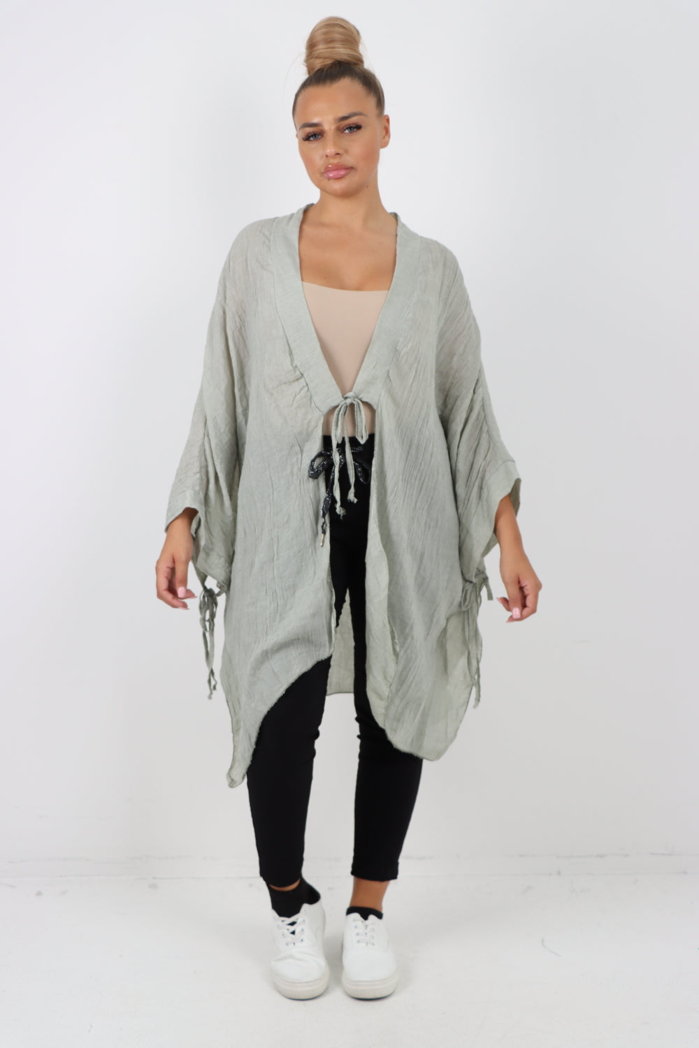 Italian Oversized Cotton Coverup Tie Front Kimono Top