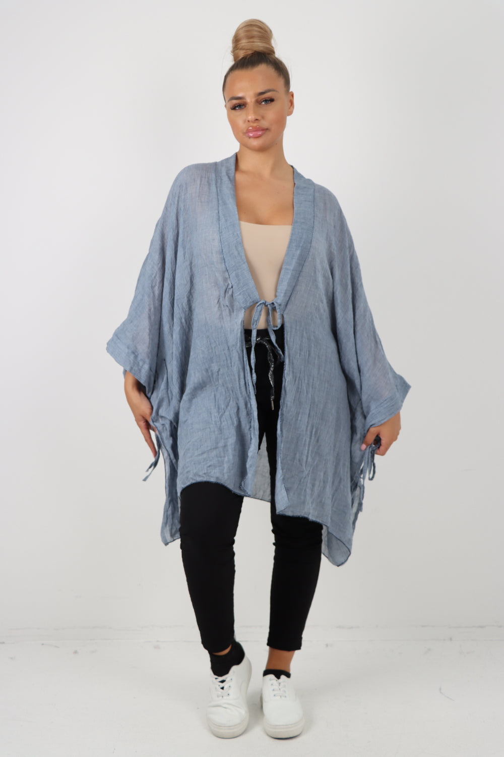 Italian Oversized Cotton Coverup Tie Front Kimono Top