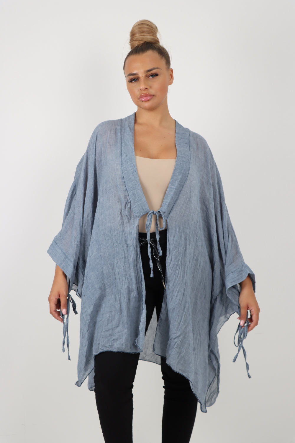 Italian Oversized Cotton Coverup Tie Front Kimono Top