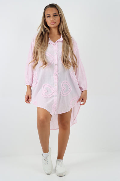 Italian Cotton Multi Heart Print Dip Hem Button Down Shirt Dress