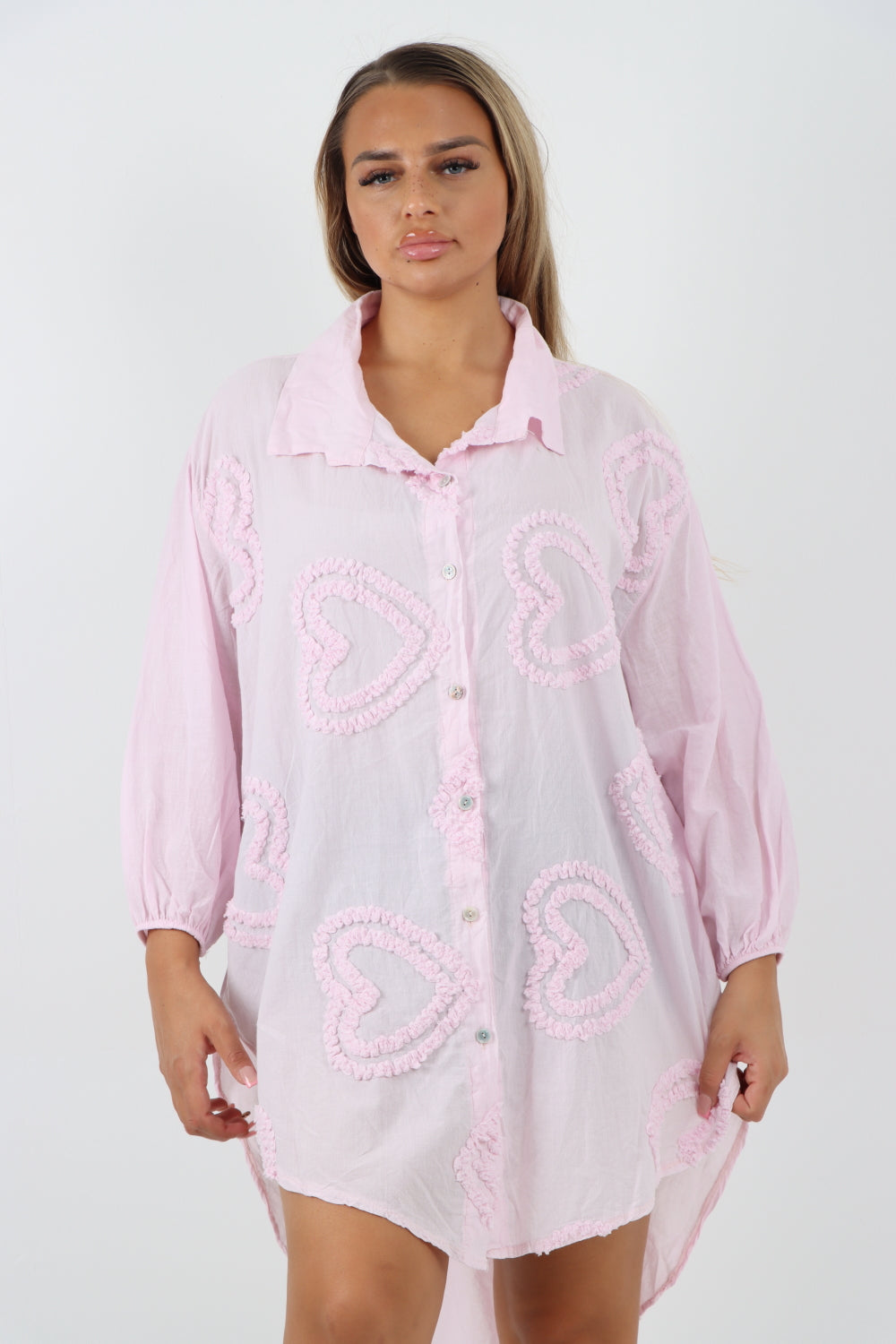 Italian Cotton Multi Heart Print Dip Hem Button Down Shirt Dress