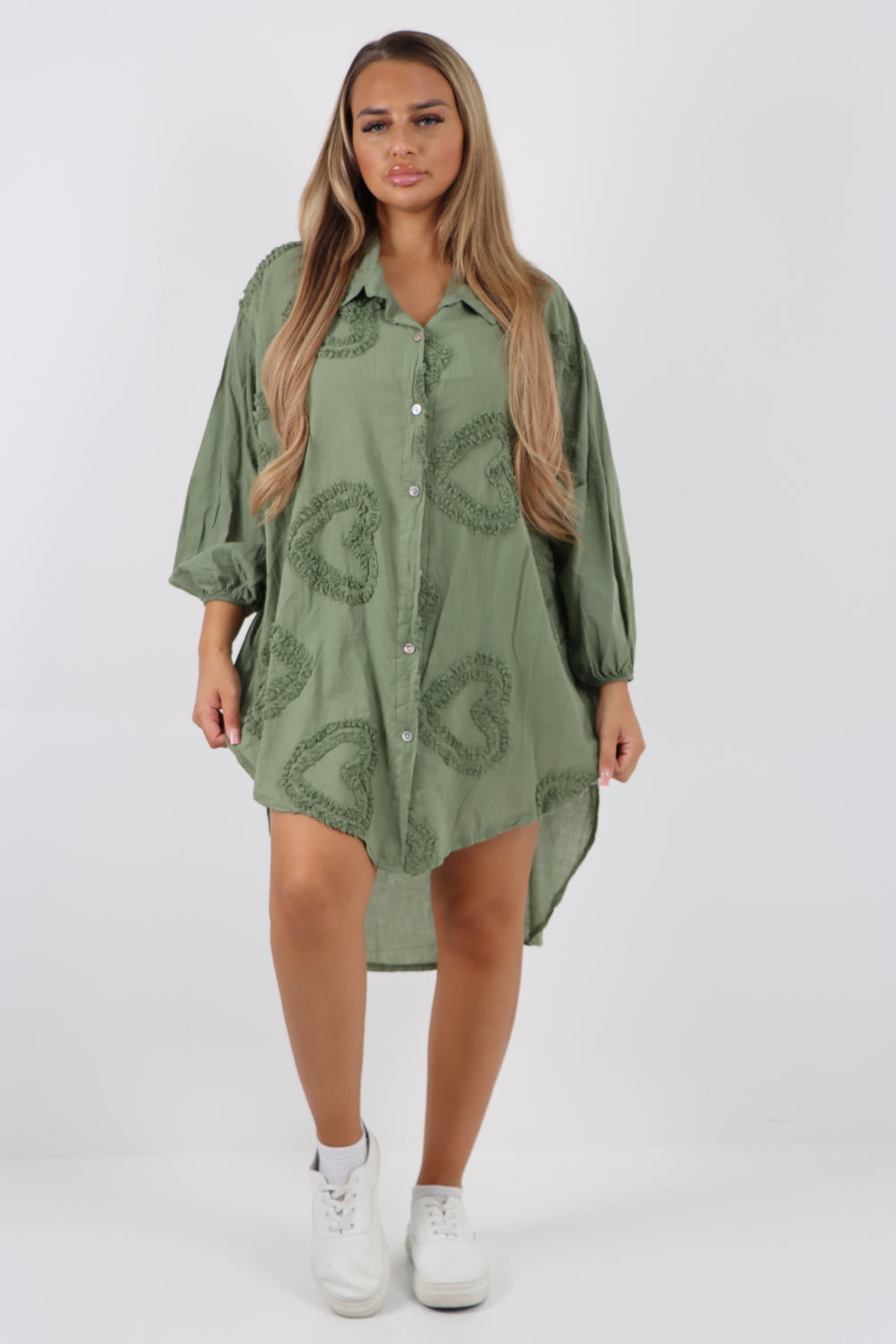 Italian Cotton Multi Heart Print Dip Hem Button Down Shirt Dress