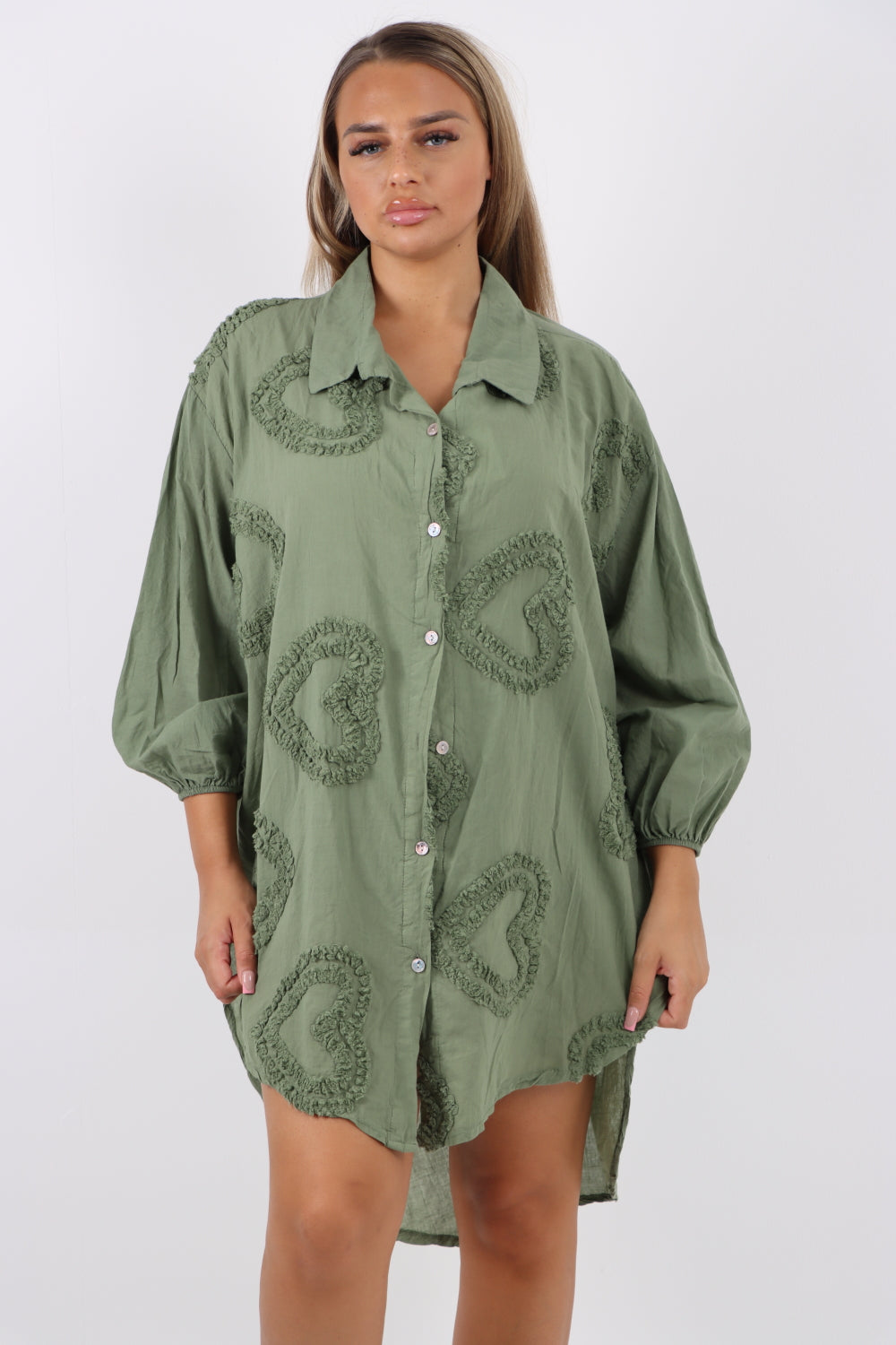 Italian Cotton Multi Heart Print Dip Hem Button Down Shirt Dress