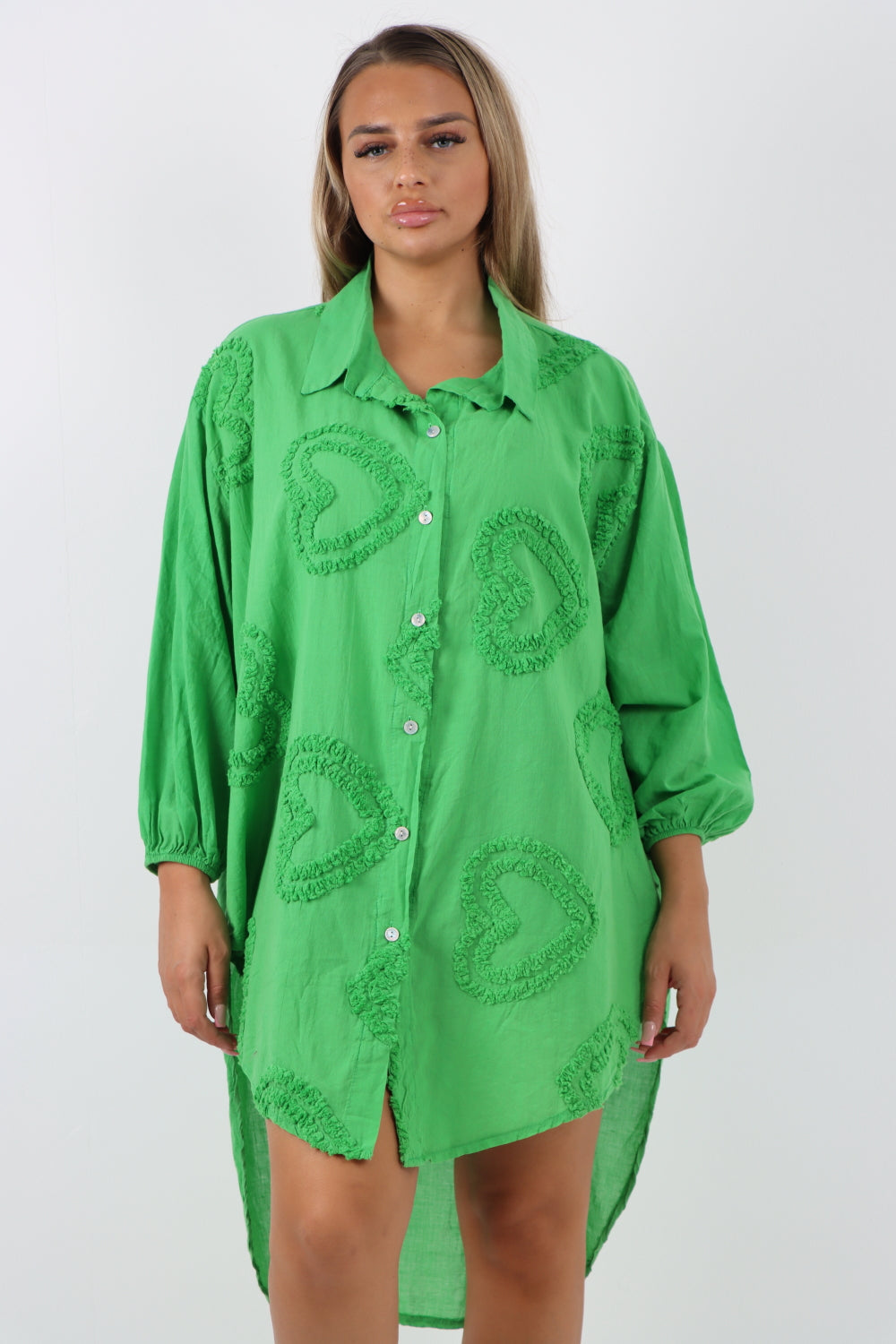 Italian Cotton Multi Heart Print Dip Hem Button Down Shirt Dress