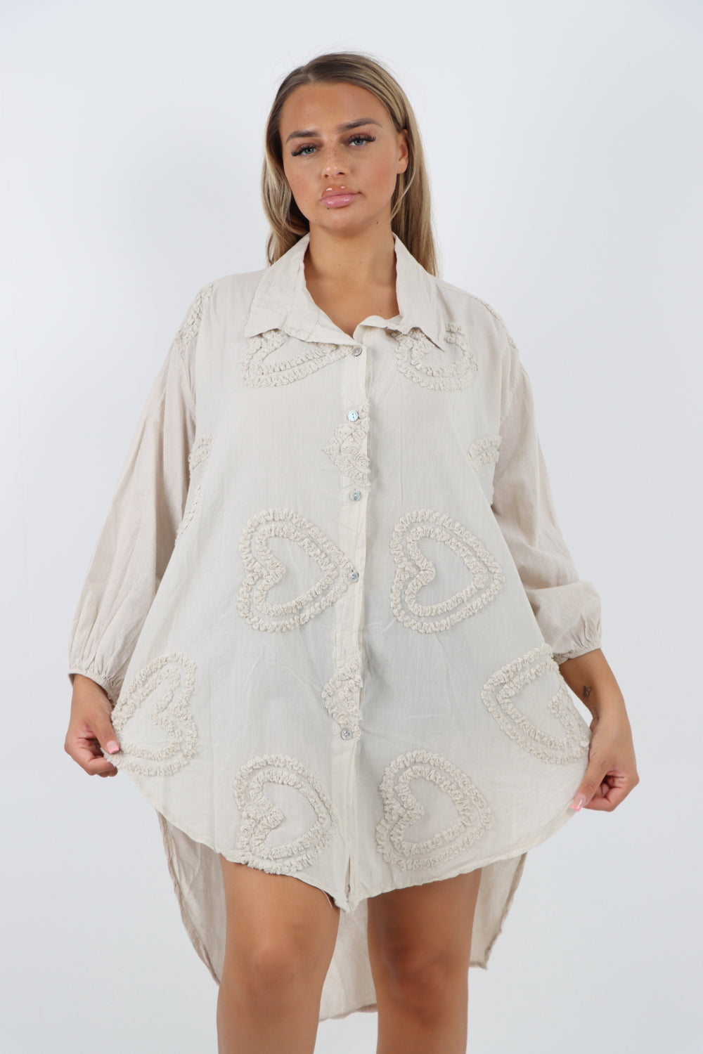 Italian Cotton Multi Heart Print Dip Hem Button Down Shirt Dress