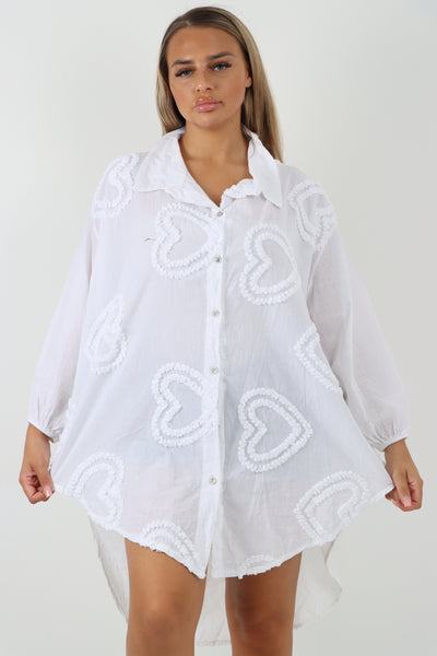 Italian Cotton Multi Heart Print Dip Hem Button Down Shirt Dress