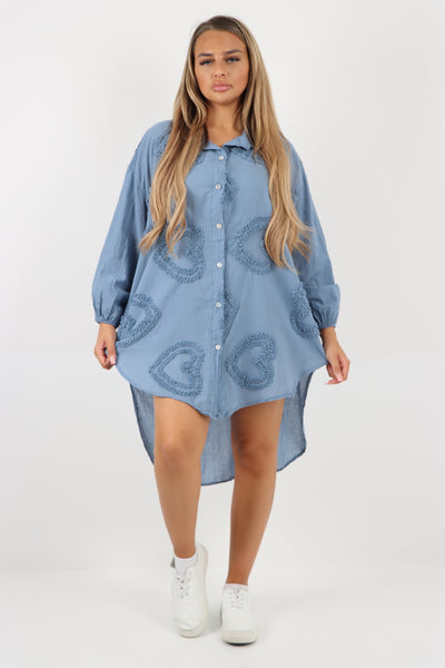 Italian Cotton Multi Heart Print Dip Hem Button Down Shirt Dress