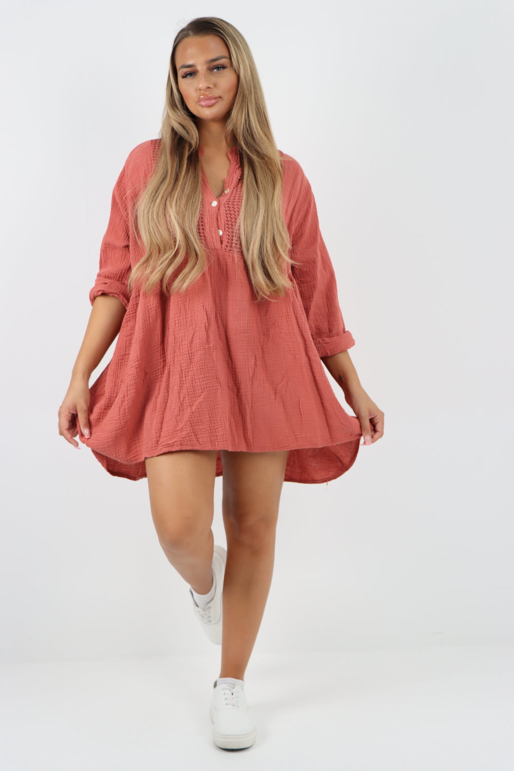 Italian Grandad Collar Button Down Cotton Tunic dress