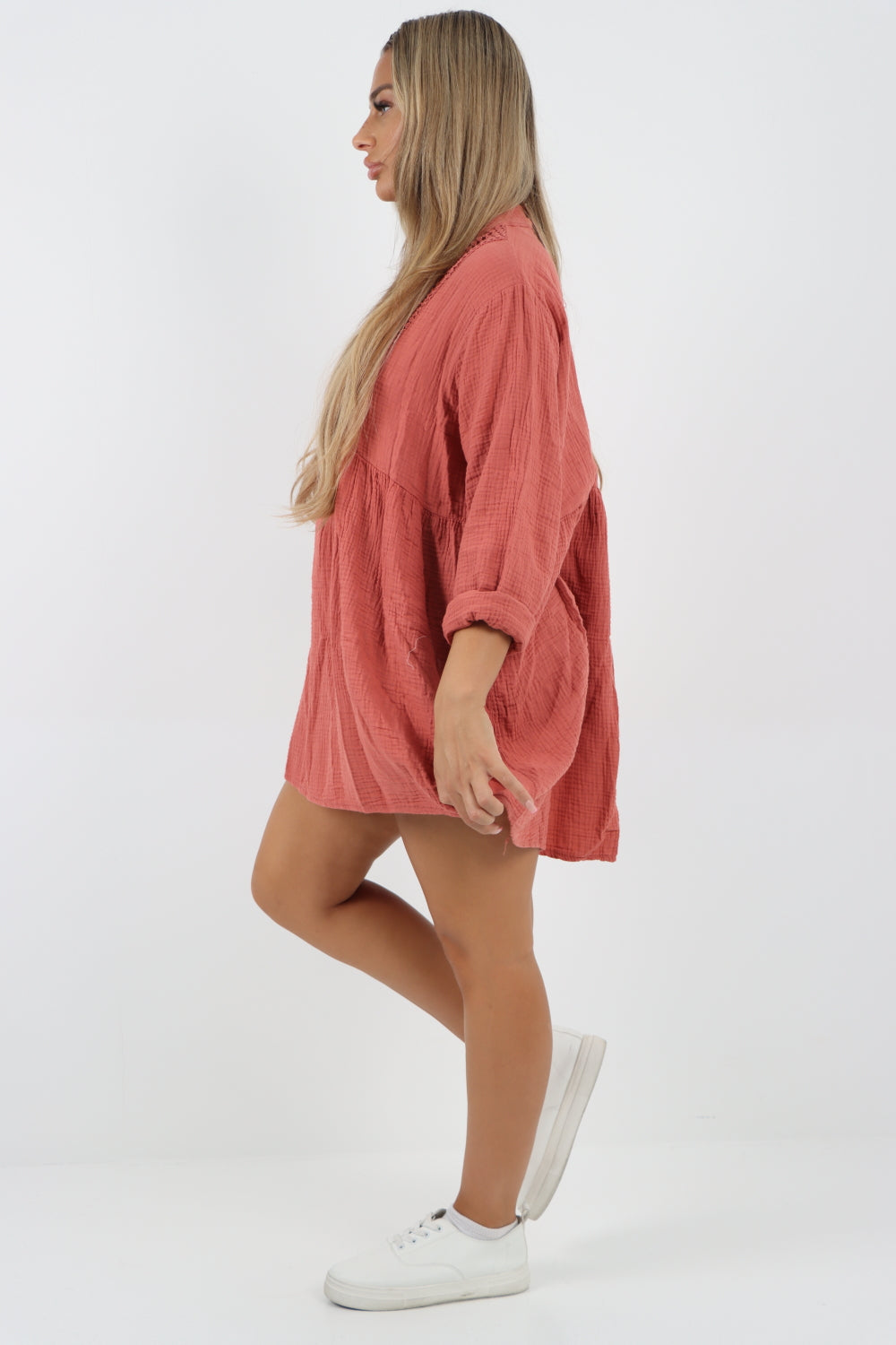 Italian Grandad Collar Button Down Cotton Tunic dress