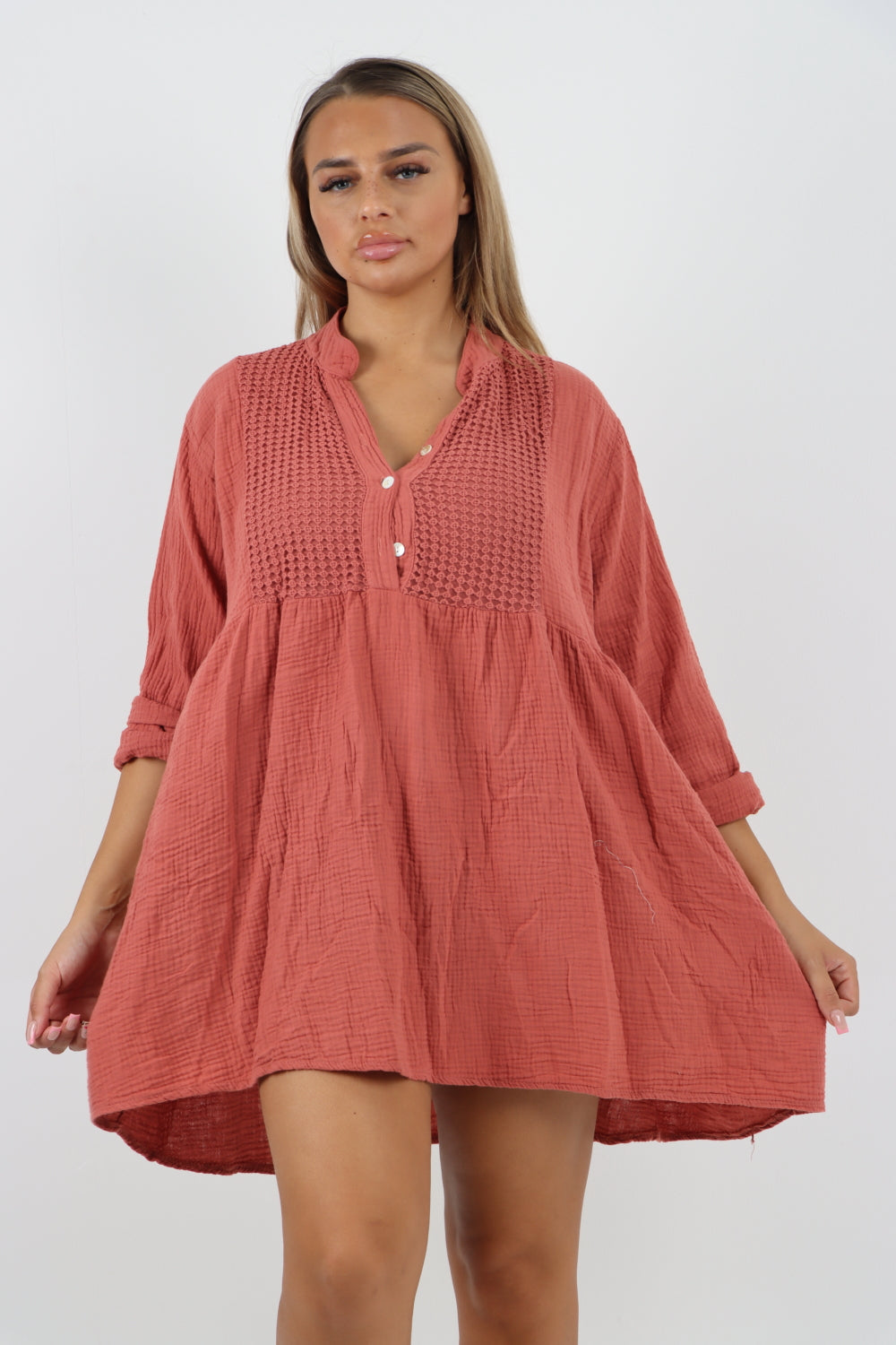 Italian Grandad Collar Button Down Cotton Tunic dress