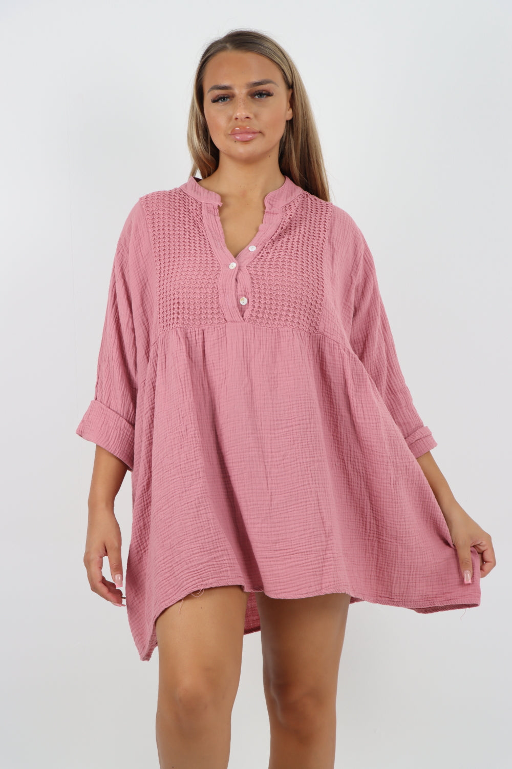 Italian Grandad Collar Button Down Cotton Tunic dress