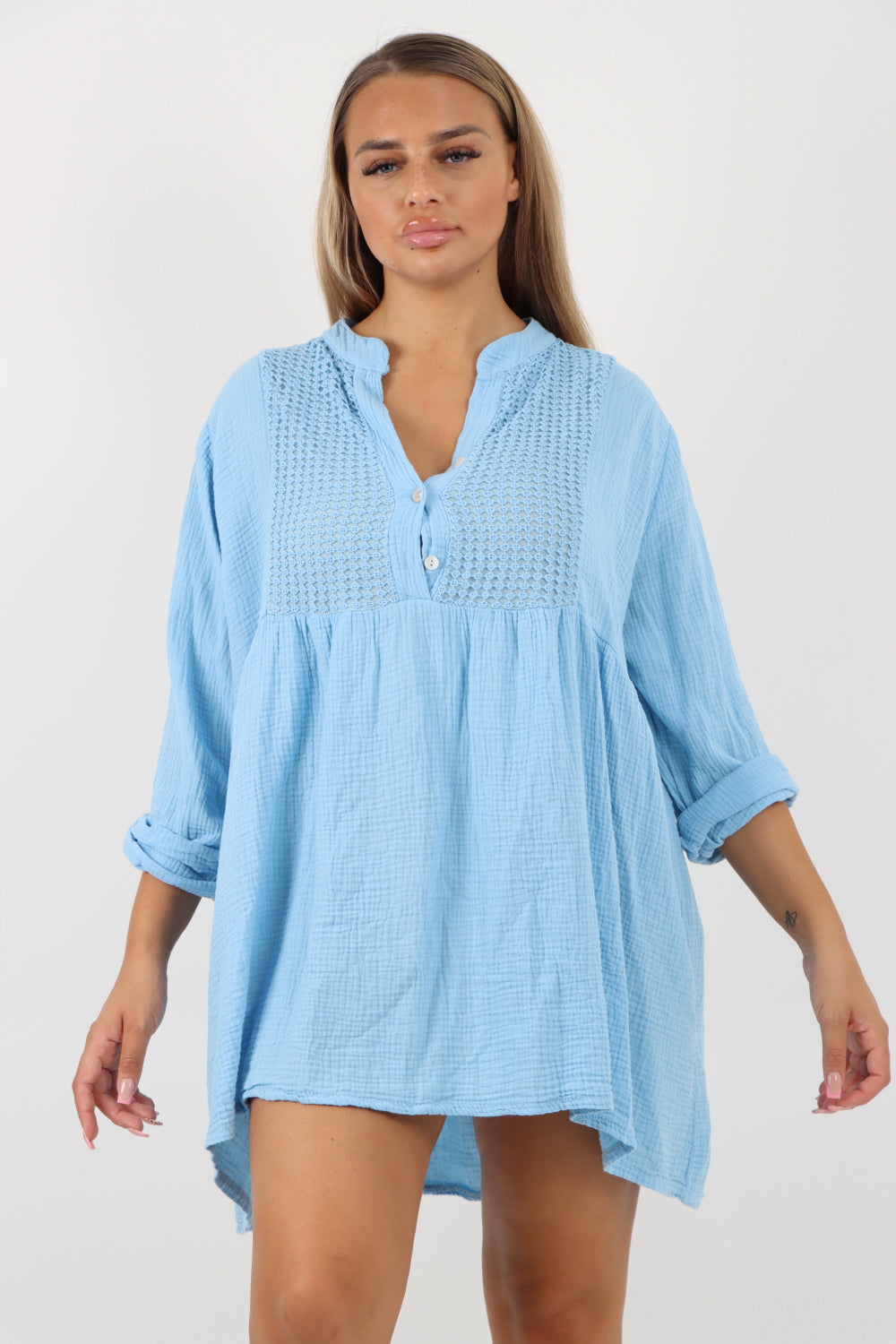 Italian Grandad Collar Button Down Cotton Tunic dress