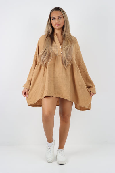 Italian Grandad Collar Button Down Cotton Tunic dress