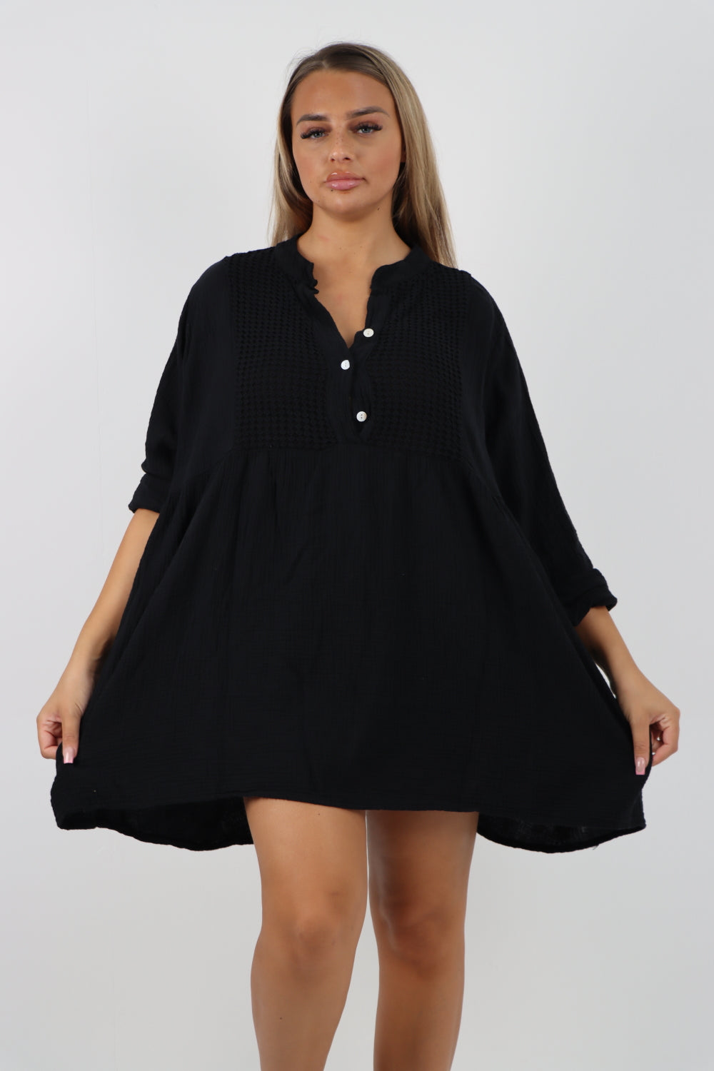 Italian Grandad Collar Button Down Cotton Tunic dress