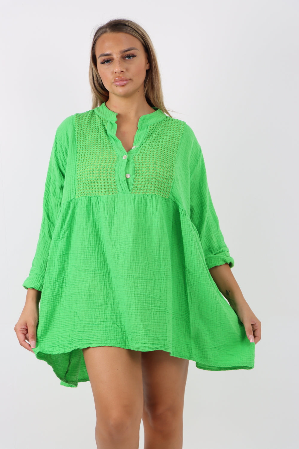 Italian Grandad Collar Button Down Cotton Tunic dress