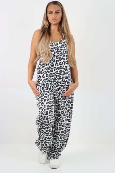 Italian Animal Print Cotton Sleeveless Dungarees