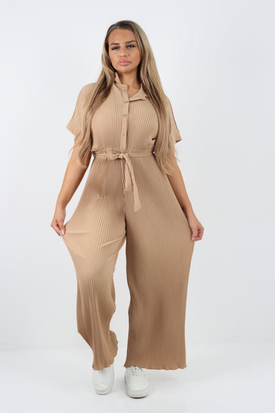 Italian Waist Tie Collared Neck Short Sleeve Pleated Jumpsuit