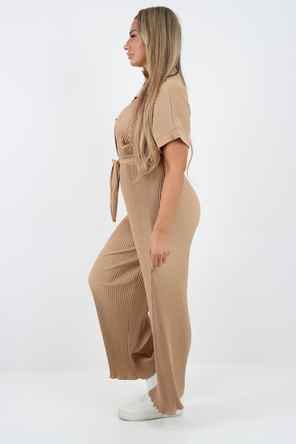 Italian Waist Tie Collared Neck Short Sleeve Pleated Jumpsuit