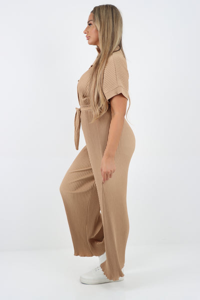 Italian Waist Tie Collared Neck Short Sleeve Pleated Jumpsuit