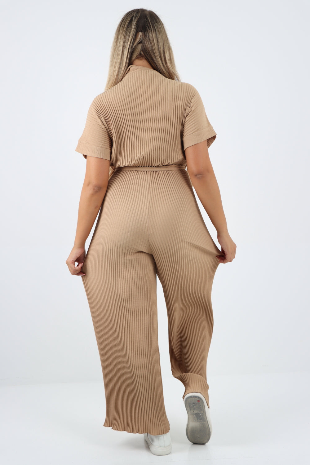 Italian Waist Tie Collared Neck Short Sleeve Pleated Jumpsuit