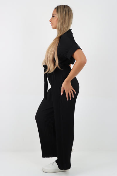 Italian Waist Tie Collared Neck Short Sleeve Pleated Jumpsuit