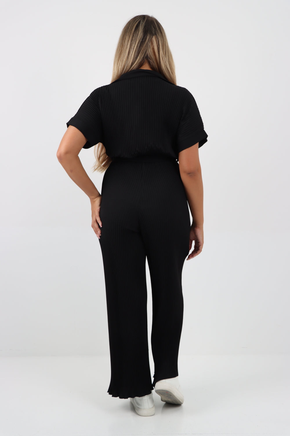 Italian Waist Tie Collared Neck Short Sleeve Pleated Jumpsuit