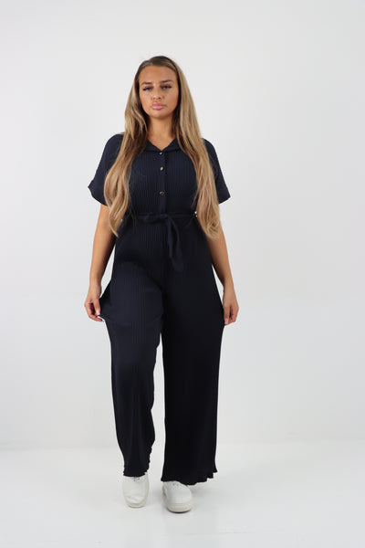 Italian Waist Tie Collared Neck Short Sleeve Pleated Jumpsuit