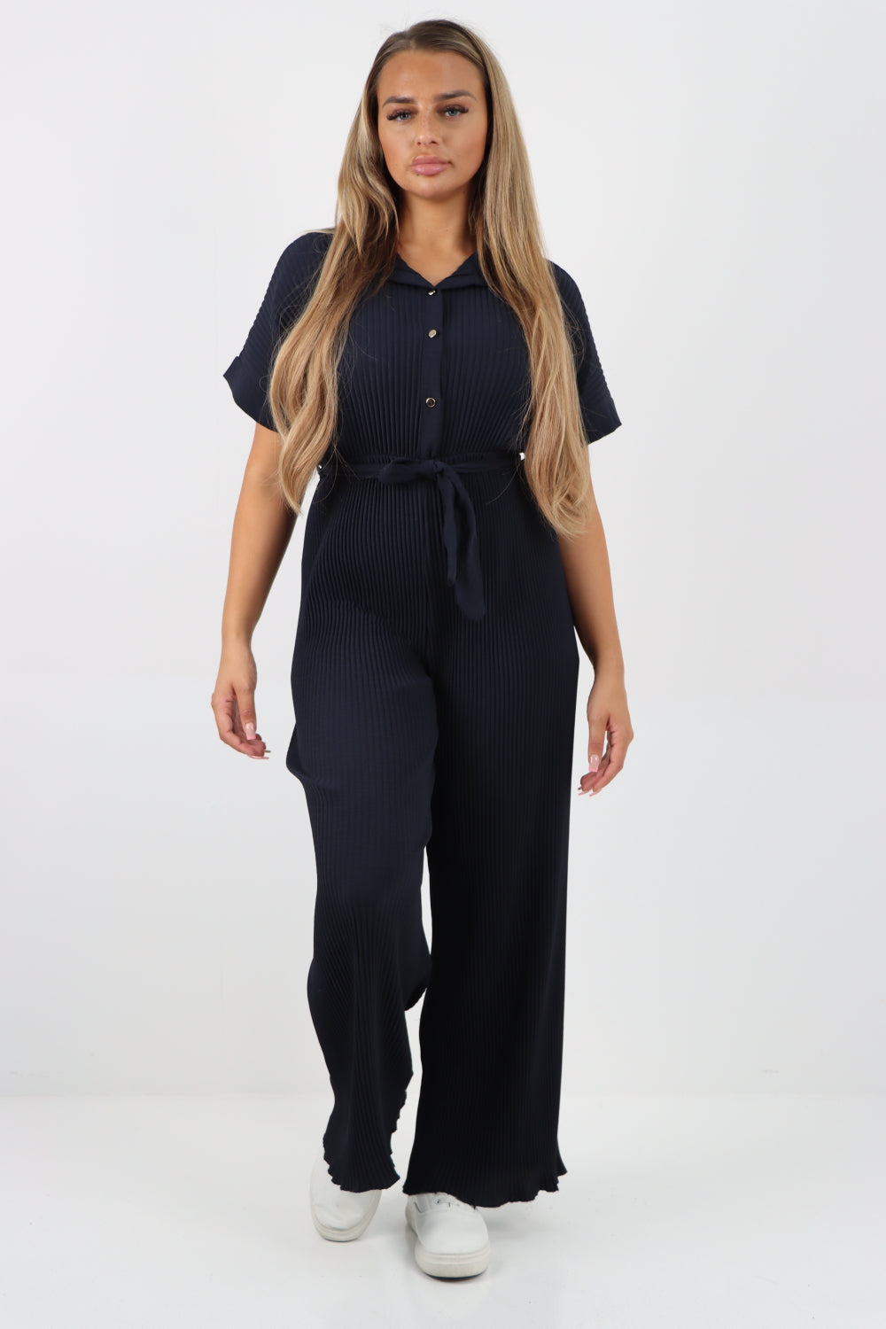 Italian Waist Tie Collared Neck Short Sleeve Pleated Jumpsuit